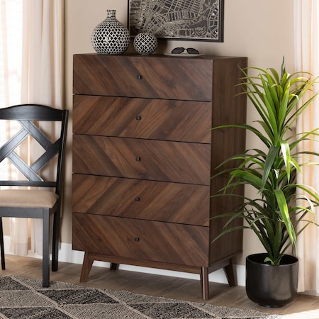 Baxton Studio Hartman Mid-Century Walnut Brown Finished Wood 5-Drawer Storage Chest 193-12378-ZORO